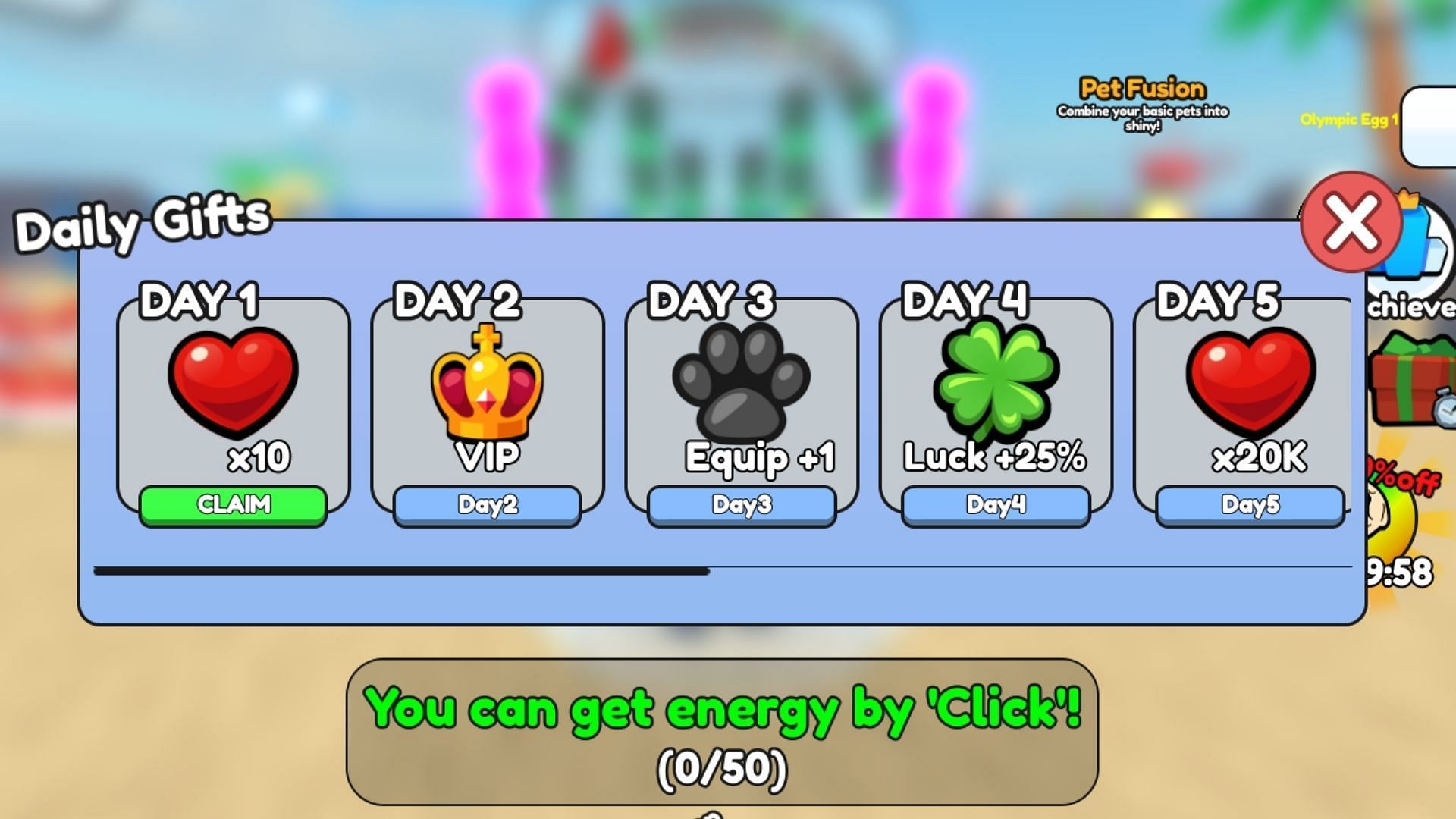 Enjoy daily rewards in Workout To Impress Girls (Image via Roblox)